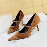 Banquet high heels, thin heels, shallow mouth, pointed Xishi velvet patchwork, pointed metal buckle, straight line strap, single shoe