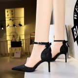 European and American style hollow high heels, thin heels, high heels, shallow mouth, pointed toe, hollowed out straight line with back bow sandals