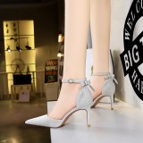 European and American style hollow high heels, thin heels, high heels, shallow mouth, pointed toe, hollowed out straight line with back bow sandals