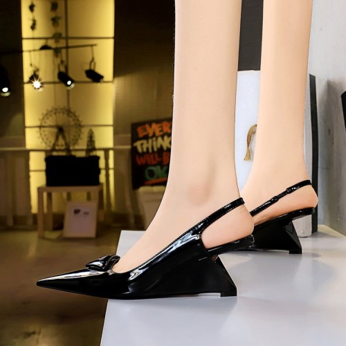 Korean version of fashionable patent leather shallow cut pointed hollow back strap high heeled sloping heel shoes for women's high heels
