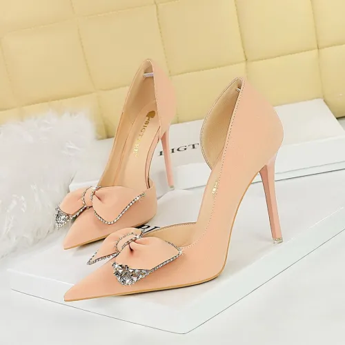 Korean Fashion High Heels Slim Heels, Ultra High Heels, Shallow Mouth, Pointed Side Hollow Water Diamond Bow Single Shoes