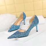 European and American sexy banquet high heels, slim heels, ultra-high heels, shallow mouthed pointed side hollowed out sparkling sequin single shoes