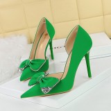 Korean Fashion High Heels Slim Heels, Ultra High Heels, Shallow Mouth, Pointed Side Hollow Water Diamond Bow Single Shoes