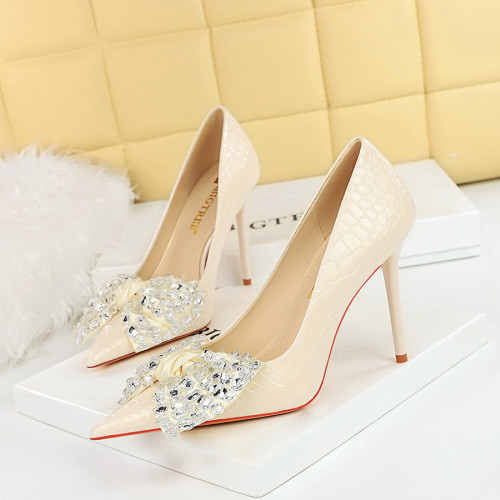 Korean Fashion Banquet High Heels, Thin Heels, Ultra High Heels, Shallow Mouth, Pointed Water Diamond Bow, Single Shoes for Women
