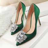 516-5 Korean version rhinestone women's shoes with thin heels, high heels, sexy slimming effect, shallow mouth, pointed tip, shiny rhinestone buckle single shoe