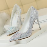 Korean version of fashionable banquet women's shoes with thin heels, shallow mouth, pointed toe, sexy slimming effect, rhinestone color diamonds, high heels, single shoes