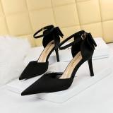 Korean version delicate high heels, satin hollow shallow mouthed pointed toe with hollowed out bow, women's sandals