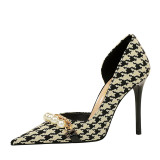 Korean version of high heels with checkered pattern and shallow side hollowed out bird pattern pearl metal chain, super high heel single shoe
