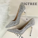 European and American style women's shoes, high heels, shallow mouth, pointed toe, sparkling sequins, sexy and slimming, nightclub high heels, single shoes