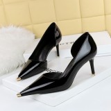 European and American style fashionable, minimalist, sexy nightclub slimming thin heels, ultra-high heels, side hollowed out shallow cut metal single shoes