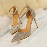 Korean version of sweet high heels, slim heels, high heels, shallow mouth, pointed, hollowed out one line with shiny rhinestone women's sandals
