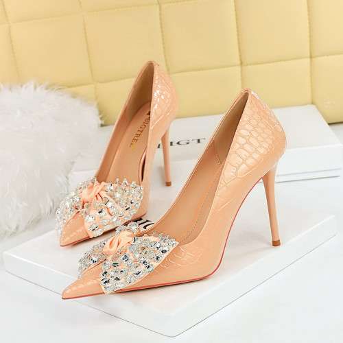 Korean Fashion Banquet High Heels, Thin Heels, Ultra High Heels, Shallow Mouth, Pointed Water Diamond Bow, Single Shoes for Women