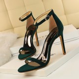 European and American style fashionable and minimalist summer high heels, women's slim heels, ultra-high heels, suede, one line with exposed toe sandals
