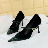 9116-1 Banquet High Heels, Thin Heels, Shallow Mouth, Pointed Xishi Suede Panel, Pointed Metal Buckle, Straight Line with Single Shoes