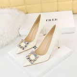 European and American banquet high heels, slimming women's shoes, slim heels, ultra-high heels, shallow mouthed pointed metal rhinestone buckle single shoes