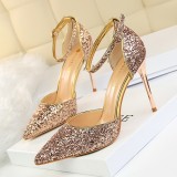 European and American Sexy Nightclub Women's Shoes High Heels, Shallow Mouth, Pointed Metal Thin Heels, One Line with Sequins, Hollow Sandals