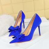 Korean version of fashionable slimming high heels, slim heels, satin shallow mouthed pointed bow single shoes, high heels for women's shoes