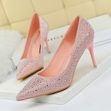 Korean version of fashionable banquet women's shoes with thin heels, shallow mouth, pointed toe, sexy slimming effect, rhinestone color diamonds, high heels, single shoes