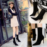 European and American fashion minimalist slim fitting women's boots with thin heels, high heels, suede, pointed toe, sexy nightclub, slimming short boots