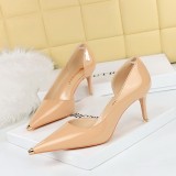 European and American style fashionable, minimalist, sexy nightclub slimming thin heels, ultra-high heels, side hollowed out shallow cut metal single shoes