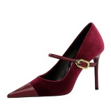 9116-1 Banquet High Heels, Thin Heels, Shallow Mouth, Pointed Xishi Suede Panel, Pointed Metal Buckle, Straight Line with Single Shoes