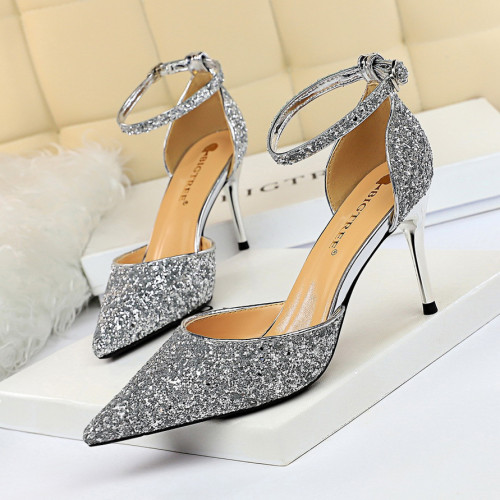 European and American Sexy Nightclub Women's Shoes High Heels, Shallow Mouth, Pointed Metal Thin Heels, One Line with Sequins, Hollow Sandals