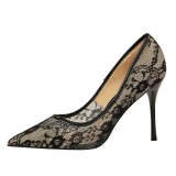European and American sexy slimming high heels, women's shoes, thin heels, high heels, shallow mouthed pointed mesh perforated lace single shoes