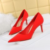 Korean version of fashionable slim and slim high heels with slim heels, ultra-high heels, satin shallow cut pointed toe single shoes