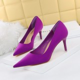 Korean version of fashionable slim and slim high heels with slim heels, ultra-high heels, satin shallow cut pointed toe single shoes