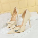 Korean Fashion High Heels Slim Heels, Ultra High Heels, Shallow Mouth, Pointed Side Hollow Water Diamond Bow Single Shoes