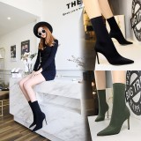 European and American minimalist women's boots, slim heels, ultra-high heels, sexy nightclubs, slim fit and slimming effect, pointed Lycra elastic short boots