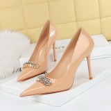 9283-K31 European and American Banquet Women's Shoes Super High Heels, Lacquer Leather, Shallow Mouth, Sharp Point, Shining Water Diamond Decorative Single Shoes, High Heels