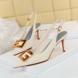 European and American style banquet women's shoes with thin heels, high heels, shallow mouth, pointed toe, hollowed out back strap, metal square buckle single shoes
