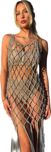 Instagram's best-selling rhinestone mesh hollowed out tassel body chain dress set for women
