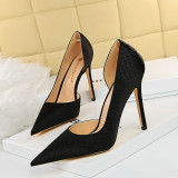 European and American fashion sexy banquet slim heels, ultra-high heels, shallow cut side hollowed out snake patterned silk single shoes, high heels