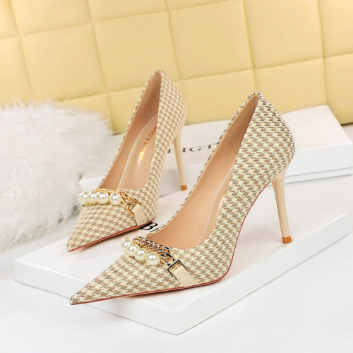 9283-1 European and American style bird pattern high heels, slim heels, high heels, shallow mouth, pointed pearl chain, plaid pattern women's singles shoes