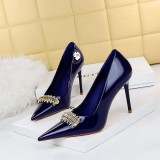 9283-K31 European and American Banquet Women's Shoes Super High Heels, Lacquer Leather, Shallow Mouth, Sharp Point, Shining Water Diamond Decorative Single Shoes, High Heels