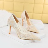 European and American banquet women's shoes show slimming high heels, shallow mouthed pointed thin heels, high heels, mesh hollow lace single shoes