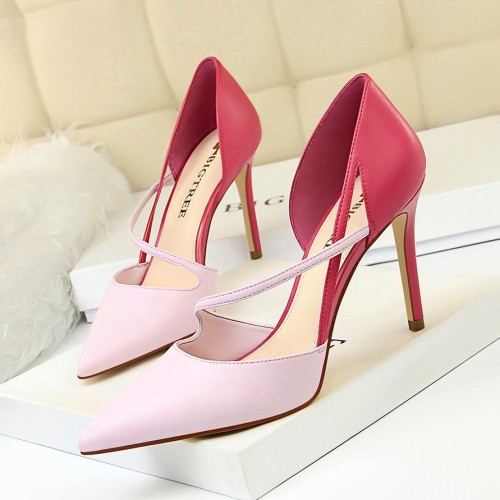 830-2Korean version of fashionable and sweet high heels, women's high heels, shallow mouth, pointed toe, color blocking, hollowed out one line strap, slimming single shoes