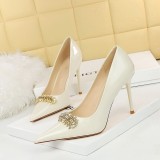9283-K31 European and American Banquet Women's Shoes Super High Heels, Lacquer Leather, Shallow Mouth, Sharp Point, Shining Water Diamond Decorative Single Shoes, High Heels