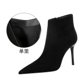 European and American fashion minimalist slim heels, high heels, suede, pointed toe, sexy nightclubs, slimming short boots, winter and bare boots