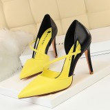 830-2Korean version of fashionable and sweet high heels, women's high heels, shallow mouth, pointed toe, color blocking, hollowed out one line strap, slimming single shoes