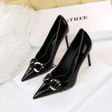 European and American style fashionable high heels, women's shoes, thin heels, patent leather, shallow mouth, pointed high heels, metal belt buckle, single shoes