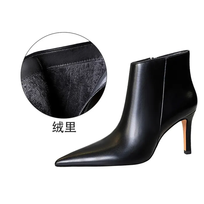 European and American style fashion, minimalist and sexy nightclubs, winter side zippers, high heels, pointed toe, slim fit, and bare boots
