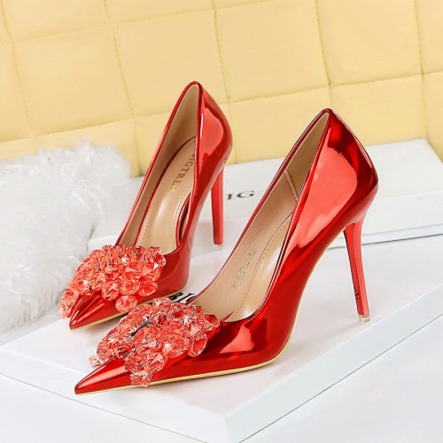 European and American style banquet high heels, slim heels, shallow mouthed pointed crystal bow women's shoes, high heels, single shoes