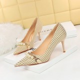 9283-1 European and American style bird pattern high heels, slim heels, high heels, shallow mouth, pointed pearl chain, plaid pattern women's singles shoes
