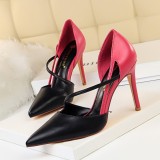 830-2Korean version of fashionable and sweet high heels, women's high heels, shallow mouth, pointed toe, color blocking, hollowed out one line strap, slimming single shoes