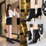 Korean version of fashionable, sexy, slimming women's boots with thin heels, high heels, shallow mouth, pointed toe, cross tie straps, short boots