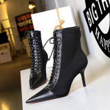 Korean version of fashionable, sexy, slimming women's boots with thin heels, high heels, shallow mouth, pointed toe, cross tie straps, short boots