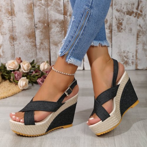 Thick sole slope heel sandals for women's foreign trade, large denim fabric, cross buckle, one line strap sandals for women's Amazon